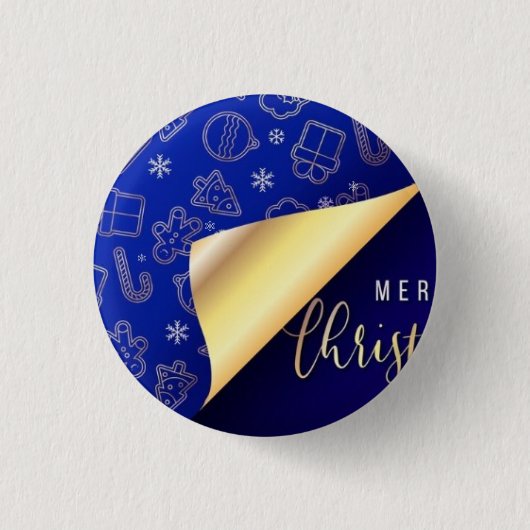 Badge Rond 2,50 Cm Beau Noël Bleu et Or Joyeux (Devant)