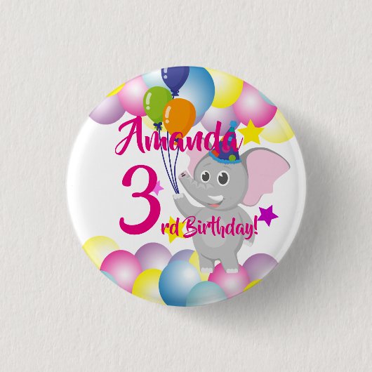 Badge Rond 2,50 Cm Bébé éléphant Ballons fête d'anniversaire (Devant)