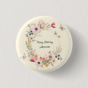 Badge Rond 2,50 Cm Belle couronne florale et papillons Anniversaire