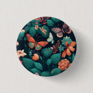 Badge Rond 2,50 Cm Belles fleurs et papillons dans la jungle