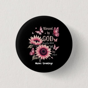 Badge Rond 2,50 Cm Béni Par Dieu Aimé Par Jésus Foi Tournesol Rose