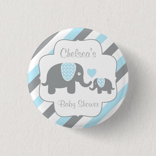 Badge Rond 2,50 Cm Blancs, Bleu & Gris Gris Eléphant Baby Boy Douche (Devant)