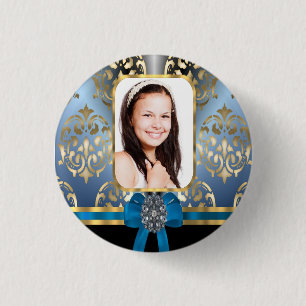 Badge Rond 2,50 Cm Bleu et or damassé