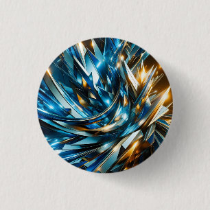 Badge Rond 2,50 Cm Bleu Or Abstrait Métallique Géométrique Futuriste
