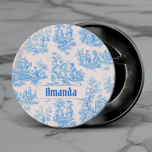 Badge Rond 2,50 Cm Bleu Turquoise Vintage Monogramme Toile de Jouy Fr