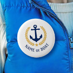 Badge Rond 2,50 Cm Boat Name Anchor Gold Style Laurel Star Navy White<br><div class="desc">A Personalized button with your boat name,  family name or other desired text as needed. Featuring a custom designed nautical boat anchor,  gold style laurel leaves and star emblem on white or easily adjust the primary color to match your current theme. Makes a great any occasion.</div>