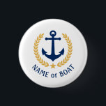 Badge Rond 2,50 Cm Boat Name Anchor Gold Style Laurel Star Navy White<br><div class="desc">A Personalized button with your boat name,  family name or other desired text as needed. Featuring a custom designed nautical boat anchor,  gold style laurel leaves and star emblem on white or easily adjust the primary color to match your current theme. Makes a great any occasion.</div>