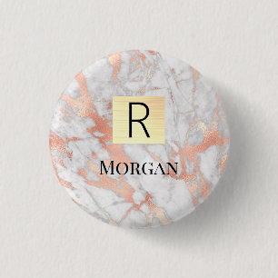 Badge Rond 2,50 Cm Boîte dorée en marbre or et rose, nom et monogramm