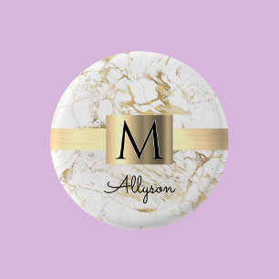 Badge Rond 2,50 Cm Boîte dorée et marbre blanc et or, monogramme de n