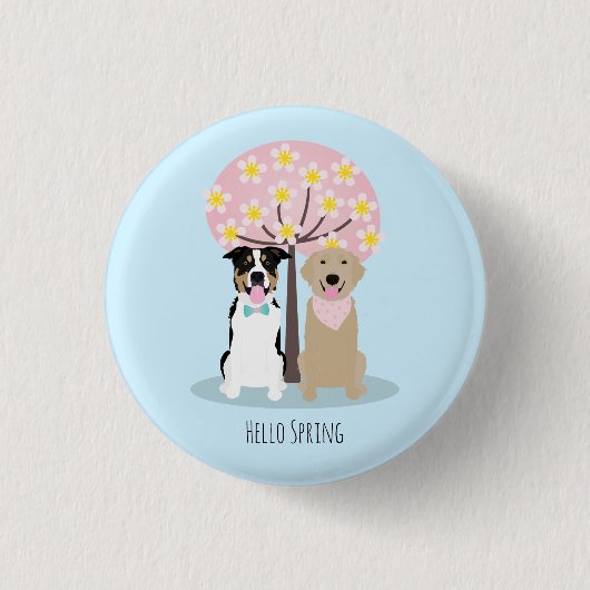 Badge Rond 2,50 Cm Bonjour Printemps Chiens Sous l'Arbre à Fleurs de  (Devant)