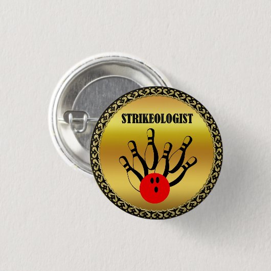 Badge Rond 2,50 Cm Boule de bowling et épingles avec le mot STRIKEOLO (Devant & derrière)