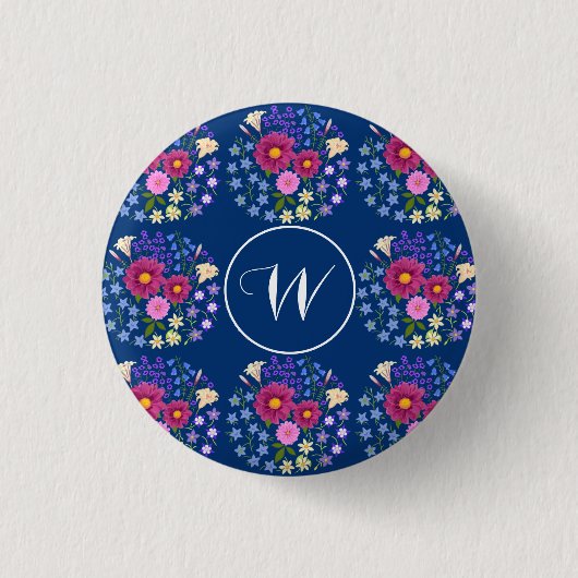 Badge Rond 2,50 Cm Bouton bleu Bouquet de fleurs (Devant)