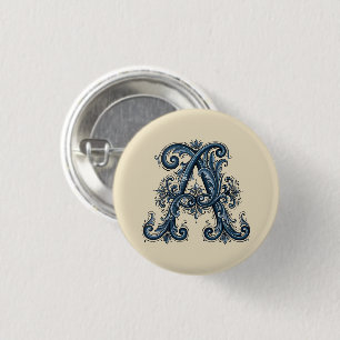 Badge Rond 2,50 Cm Bouton bleu de Prusse à monogramme Rosemaling