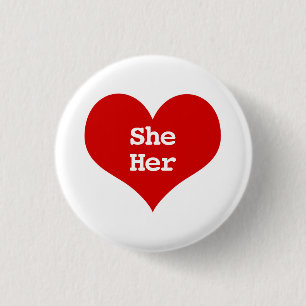 Badge Rond 2,50 Cm Bouton cœur d'amour rouge Pronoms ELLE ELLE