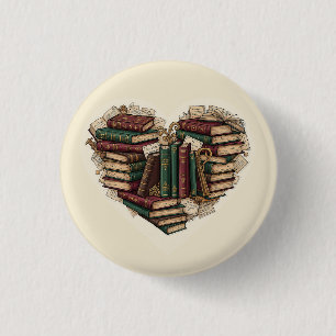 Badge Rond 2,50 Cm Bouton Cœur de Livre Épinglette Lecteur Vintage