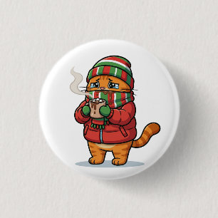 Badge Rond 2,50 Cm Bouton de chat d'hiver mignon buvant un café chaud
