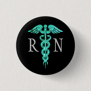 Badge Rond 2,50 Cm Bouton de gris de caducée de turquoise