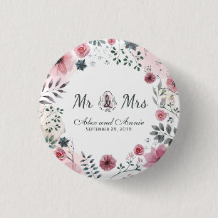 Badge Rond 2,50 Cm Bouton de Pin de M. et de Mme Floral Watercolor