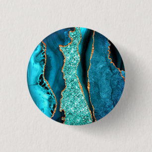 Badge Rond 2,50 Cm Bouton en marbre pailleté or bleu sarcelle