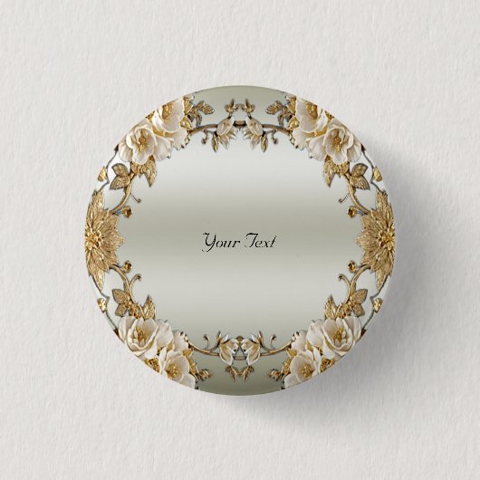 Badge Rond 2,50 Cm Bouton Fleurs blanches ornées d'or (Devant)