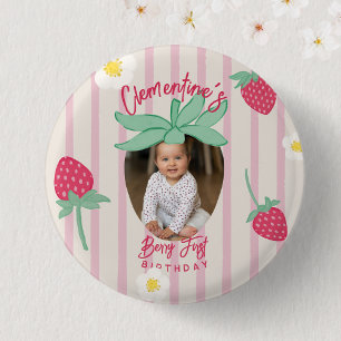 Badge Rond 2,50 Cm Bouton Premier Anniversaire Fraise avec Photo