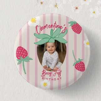 Badge Rond 2,50 Cm Bouton Premier Anniversaire Fraise avec Photo