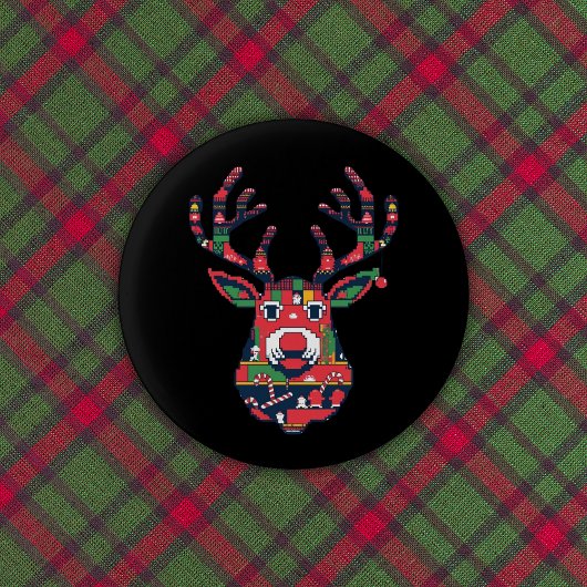 Badge Rond 2,50 Cm Bouton Pull de Noël Rétro Pixel Renne
