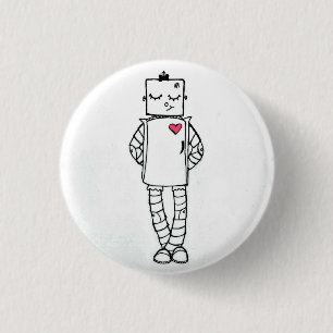 Badge Rond 2,50 Cm Bouton Robot Coeur Rose