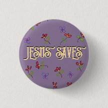 Bouton violet floral avec la citation 'Jésus sauve
