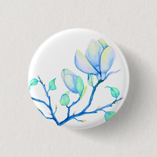 Badge Rond 2,50 Cm Branche de Magnolia Aquarelle Bleu Vert Botanique