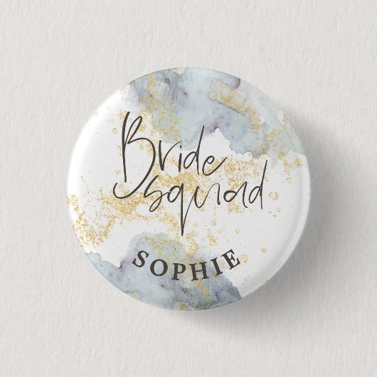 Badge Rond 2,50 Cm Bride Squad Blue Ombre Aquarelle Gold Splash Nom (Devant)