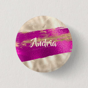 Badge Rond 2,50 Cm Brosse de nom DIY Texte Fuchsia Métallic Faux Plat