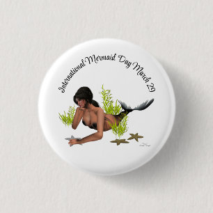 Badge Rond 2,50 Cm Brunette Sirène Avec Bouton À Épingle De Poisson