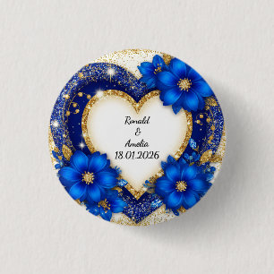 Badge Rond 2,50 Cm Cadeau bouton cadre coeur or bleu nom personnalisé