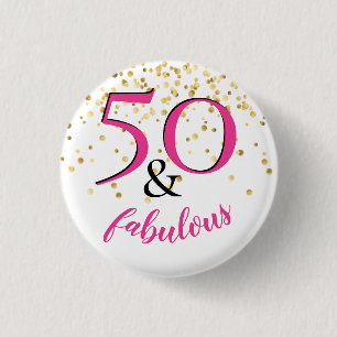 Badge Rond 2,50 Cm Cadeau de fête 50 ans & Fabuleux points rose et or
