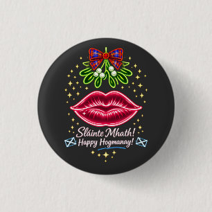 Badge Rond 2,50 Cm Cadeau de gui néon tartan Hogmanay écossais