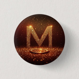 Badge Rond 2,50 Cm Cadeau Monogramme Lettre M Paillettes Dorées