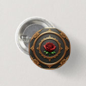 Badge Rond 2,50 Cm Cadre doré complexe avec rose rouge (Devant & derrière)