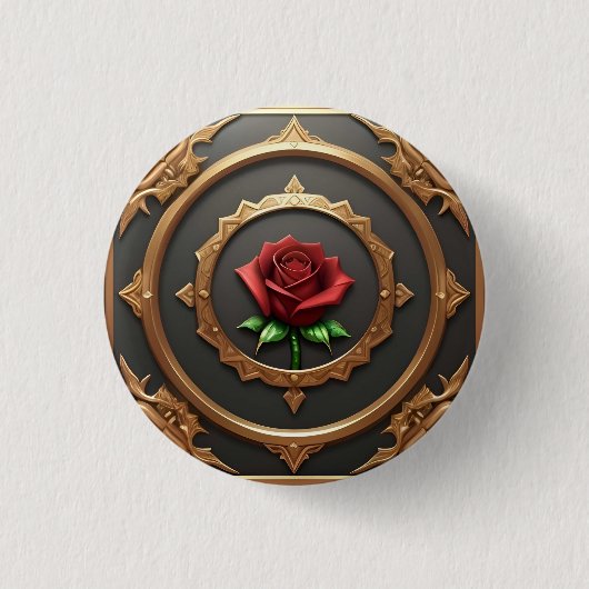 Badge Rond 2,50 Cm Cadre doré complexe avec rose rouge (Devant)