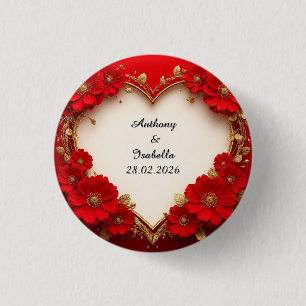 Badge Rond 2,50 Cm Cadre floral rouge en forme de cœur avec paillette