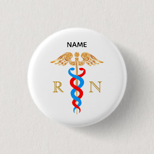 Badge Rond 2,50 Cm Caduceus Symbol & Registered Nurse Monogram