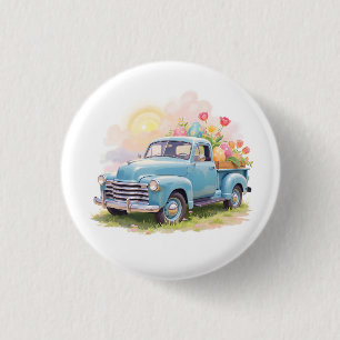 Badge Rond 2,50 Cm Camion Bleu Vintage avec Œufs de Pâques & Tulipes