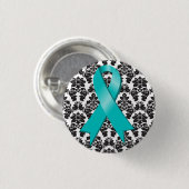 Badge Rond 2,50 Cm Cancer de l'ovaire Damas ruban Turquoise (Devant & derrière)