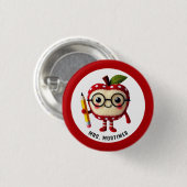 Badge Rond 2,50 Cm Caractère de pomme rouge mignon avec un crayon Nom (Devant & derrière)