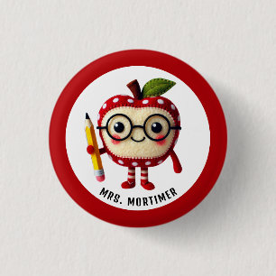 Badge Rond 2,50 Cm Caractère de pomme rouge mignon avec un crayon Nom