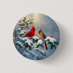 Badge Rond 2,50 Cm Cardinaux rouges et Holly en neige