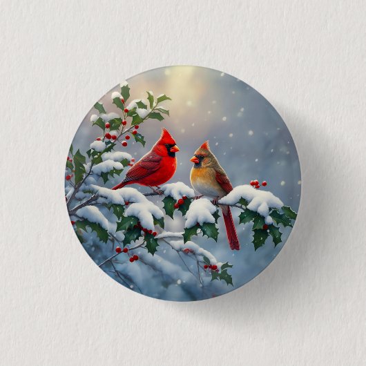Badge Rond 2,50 Cm Cardinaux rouges et Holly en neige (Devant)
