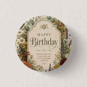 Badge Rond 2,50 Cm Carte d'anniversaire avec fleurs sauvages et branc