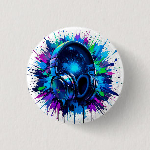 Badge Rond 2,50 Cm Casque vibrant sur éclaboussure de douleur colorée