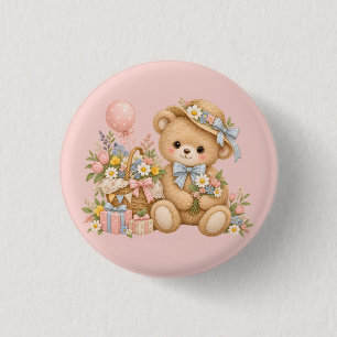 Badge Rond 2,50 Cm Célébration de nounours vintage avec des fleurs sa